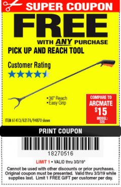 Harbor Freight FREE Coupon 36" PICKUP AND REACH TOOL Lot No. 94870/61413/62176 Expired: 3/3/19 - FWP