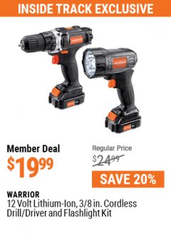 Harbor Freight ITC Coupon 12 VOLT LITHIUM-ION, 3/8 IN. CORDLESS DRILL/DRIVER AND FLASHLIGHT KIT Lot No. 57383 Expired: 7/29/21 - $19.99