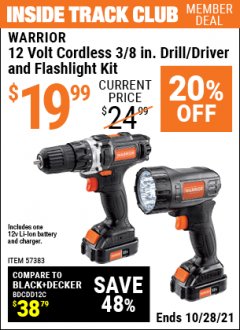 Harbor Freight ITC Coupon 12 VOLT LITHIUM-ION, 3/8 IN. CORDLESS DRILL/DRIVER AND FLASHLIGHT KIT Lot No. 57383 Expired: 10/28/21 - $19.99