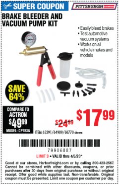 Harbor Freight Coupon BRAKE BLEEDER AND VACUUM PUMP KIT Lot No. 63391 Expired: 6/30/20 - $17.99