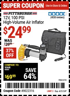 Harbor Freight Coupon 12 VOLT, 100 PSI HIGH VOLUME AIR INFLATOR Lot No. 63745/96068/69284/69926/61788 Expired: 4/21/24 - $24.99