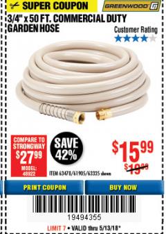Harbor Freight Coupon 3/4" X 50 FT. COMMERCIAL DUTY GARDEN HOSE Lot No. 61769/63478/63335 Expired: 5/13/18 - $15.99