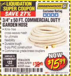Harbor Freight Coupon 3/4" X 50 FT. COMMERCIAL DUTY GARDEN HOSE Lot No. 61769/63478/63335 Expired: 6/30/18 - $15.99