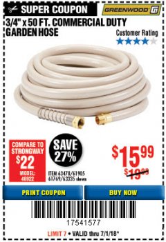 Harbor Freight Coupon 3/4" X 50 FT. COMMERCIAL DUTY GARDEN HOSE Lot No. 61769/63478/63335 Expired: 7/31/18 - $15.99