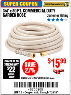 Harbor Freight Coupon 3/4" X 50 FT. COMMERCIAL DUTY GARDEN HOSE Lot No. 61769/63478/63335 Expired: 7/23/18 - $15.99