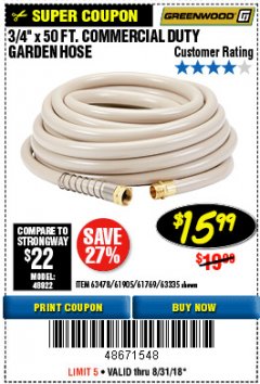 Harbor Freight Coupon 3/4" X 50 FT. COMMERCIAL DUTY GARDEN HOSE Lot No. 61769/63478/63335 Expired: 8/31/18 - $15.99