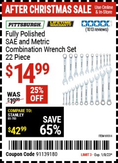 Harbor Freight Coupon 22 PIECE FULLY POLISHED SAE & METRIC COMBINATION WRENCH SET Lot No. 69314/47467 Expired: 1/8/23 - $14.99