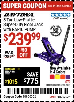 Harbor Freight Coupon DAYTONA 3 TON LOW PROFILE SUPER DUTY FLOOR JACK WITH RAPID PUMP (ALL COLORS) Lot No. 63183/57589/57590 Expired: 4/21/24 - $239.99