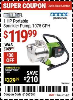 Harbor Freight Coupon DRUMMOND 1 HP PORTABLE SPRINKLER PUMP 1075 GPH Lot No. 56146 EXPIRES: 4/11/24 - $119.99