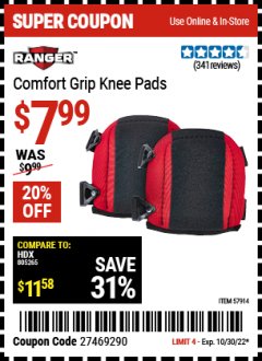 Harbor Freight Coupon COMFORT GRIP KNEE PADS Lot No. 57914 Expired: 10/30/22 - $7.99