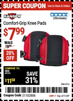 Harbor Freight Coupon COMFORT GRIP KNEE PADS Lot No. 57914 Expired: 4/11/24 - $7.99