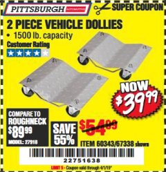 Harbor Freight Coupon 2 PIECE 1500 LB. CAPACITY VEHICLE WHEEL DOLLIES Lot No. 60343/67338 Expired: 4/1/19 - $39.99