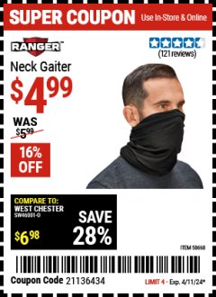 Harbor Freight Coupon NECK GAITER Lot No. 58668 Expired: 4/11/24 - $4.99