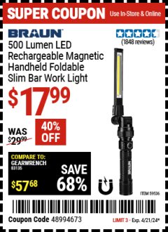 Harbor Freight Coupon 500 LUMEN LED RECHARGEABLE MAGNETIC HANDHELD FOLDABLE SLIM BAR WORK LIGHT Lot No. 59536 Expired: 4/21/24 - $17.99