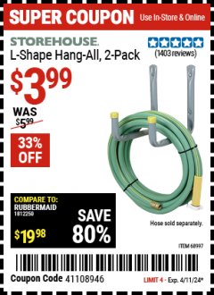 Harbor Freight Coupon STOREHOUSE L SHAPED HANG ALL Lot No. 68997 EXPIRES: 4/11/24 - $3.99
