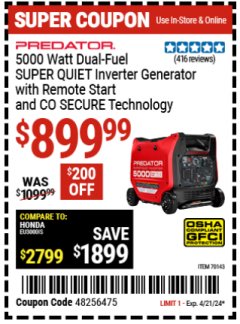 Harbor Freight Coupon 5000 WATT DUAL-FUEL SUPER QUIET INVERTER GENERATOR WITH REMOTE START AND CO SECURE TECHNOLOGY Lot No. 70143 Valid: 4/7/24 4/21/24 - $899.99