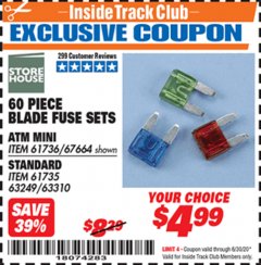 Harbor Freight ITC Coupon 60 PIECE BLADE FUSE SETS Lot No. 61736/67664/67665/61735 Expired: 6/30/20 - $4.99