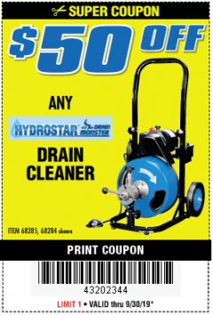Harbor Freight PERCENT Coupon 50 FT. ELECTRIC DRAIN CLEANER Lot No. 68285/61856 Expired: 9/30/19 - $0