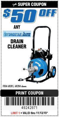 Harbor Freight Coupon 50 FT. ELECTRIC DRAIN CLEANER Lot No. 68285/61856 Expired: 11/13/19 - $0