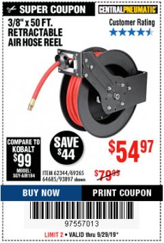 Harbor Freight Coupon RETRACTABLE AIR HOSE REEL WITH 3/8" x 50 FT. HOSE Lot No. 93897/69265/62344 Expired: 9/29/19 - $54.97