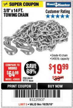 Harbor Freight Coupon 3/8" x 14 FT. GRADE 43 TOWING CHAIN Lot No. 97711/60658 Expired: 10/28/18 - $19.99