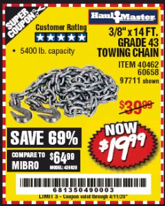 Harbor Freight Coupon 3/8" x 14 FT. GRADE 43 TOWING CHAIN Lot No. 97711/60658 Expired: 6/30/20 - $19.99