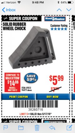 Harbor Freight Coupon SOLID RUBBER WHEEL CHOCK Lot No. 69326/69853/56891/96479 Expired: 6/17/18 - $5.99