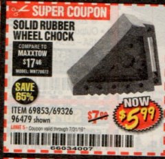 Harbor Freight Coupon SOLID RUBBER WHEEL CHOCK Lot No. 69326/69853/56891/96479 Expired: 7/31/19 - $5.99