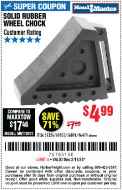 Harbor Freight Coupon SOLID RUBBER WHEEL CHOCK Lot No. 69326/69853/56891/96479 Expired: 2/17/20 - $4.99
