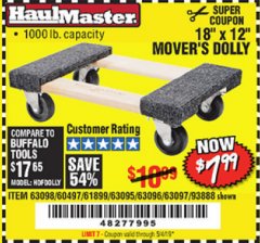 Harbor Freight Coupon 18" X 12" HARDWOOD MOVER'S DOLLY Lot No. 93888/60497/61899/62399/63095/63096/63097/63098 Expired: 5/4/19 - $7.99