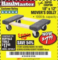 Harbor Freight Coupon 18" X 12" HARDWOOD MOVER'S DOLLY Lot No. 93888/60497/61899/62399/63095/63096/63097/63098 Expired: 5/11/19 - $7.99