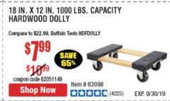 Harbor Freight Coupon 18" X 12" HARDWOOD MOVER'S DOLLY Lot No. 93888/60497/61899/62399/63095/63096/63097/63098 Expired: 9/30/19 - $7.99