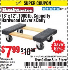 Harbor Freight Coupon 18" X 12" HARDWOOD MOVER'S DOLLY Lot No. 93888/60497/61899/62399/63095/63096/63097/63098 Expired: 3/16/21 - $7.99