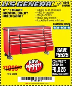 Harbor Freight Coupon US GENERAL 72" X 22" TRIPLE BANK EXTRA DEEP CABINET Lot No. 61656/64167/64003/64004 Expired: 8/6/18 - $999.99
