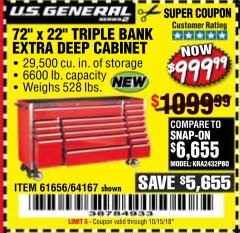Harbor Freight Coupon US GENERAL 72" X 22" TRIPLE BANK EXTRA DEEP CABINET Lot No. 61656/64167/64003/64004 Expired: 10/15/18 - $999.99