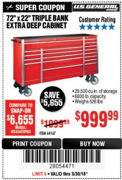 Harbor Freight Coupon US GENERAL 72" X 22" TRIPLE BANK EXTRA DEEP CABINET Lot No. 61656/64167/64003/64004 Expired: 9/30/18 - $999.99