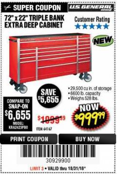 Harbor Freight Coupon US GENERAL 72" X 22" TRIPLE BANK EXTRA DEEP CABINET Lot No. 61656/64167/64003/64004 Expired: 10/31/18 - $999.99