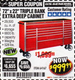 Harbor Freight Coupon US GENERAL 72" X 22" TRIPLE BANK EXTRA DEEP CABINET Lot No. 61656/64167/64003/64004 Expired: 11/30/18 - $999.99