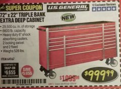 Harbor Freight Coupon US GENERAL 72" X 22" TRIPLE BANK EXTRA DEEP CABINET Lot No. 61656/64167/64003/64004 Expired: 12/31/18 - $999.99