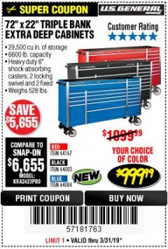 Harbor Freight Coupon US GENERAL 72" X 22" TRIPLE BANK EXTRA DEEP CABINET Lot No. 61656/64167/64003/64004 Expired: 3/31/19 - $999.99