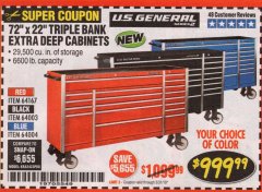 Harbor Freight Coupon US GENERAL 72" X 22" TRIPLE BANK EXTRA DEEP CABINET Lot No. 61656/64167/64003/64004 Expired: 3/31/19 - $999.99