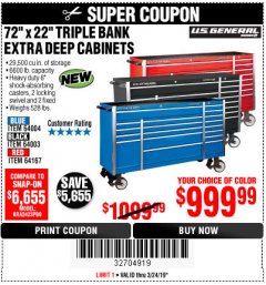 Harbor Freight Coupon US GENERAL 72" X 22" TRIPLE BANK EXTRA DEEP CABINET Lot No. 61656/64167/64003/64004 Expired: 3/24/19 - $999.99