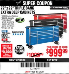 Harbor Freight Coupon US GENERAL 72" X 22" TRIPLE BANK EXTRA DEEP CABINET Lot No. 61656/64167/64003/64004 Expired: 3/25/19 - $999.99