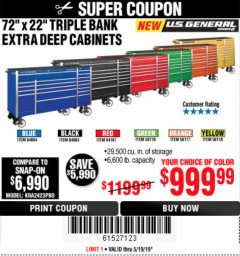 Harbor Freight Coupon US GENERAL 72" X 22" TRIPLE BANK EXTRA DEEP CABINET Lot No. 61656/64167/64003/64004 Expired: 5/19/19 - $999.99