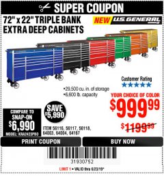 Harbor Freight Coupon US GENERAL 72" X 22" TRIPLE BANK EXTRA DEEP CABINET Lot No. 61656/64167/64003/64004 Expired: 6/23/19 - $999.99
