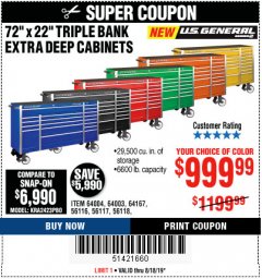 Harbor Freight Coupon US GENERAL 72" X 22" TRIPLE BANK EXTRA DEEP CABINET Lot No. 61656/64167/64003/64004 Expired: 8/18/19 - $999.99