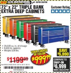 Harbor Freight Coupon US GENERAL 72" X 22" TRIPLE BANK EXTRA DEEP CABINET Lot No. 61656/64167/64003/64004 Expired: 11/5/19 - $999.99