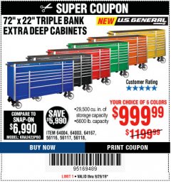 Harbor Freight Coupon US GENERAL 72" X 22" TRIPLE BANK EXTRA DEEP CABINET Lot No. 61656/64167/64003/64004 Expired: 9/29/19 - $999.99