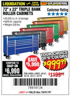 Harbor Freight Coupon US GENERAL 72" X 22" TRIPLE BANK EXTRA DEEP CABINET Lot No. 61656/64167/64003/64004 Expired: 10/31/19 - $999.99