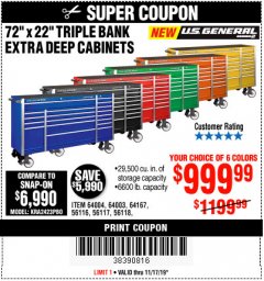 Harbor Freight Coupon US GENERAL 72" X 22" TRIPLE BANK EXTRA DEEP CABINET Lot No. 61656/64167/64003/64004 Expired: 11/17/19 - $999.99
